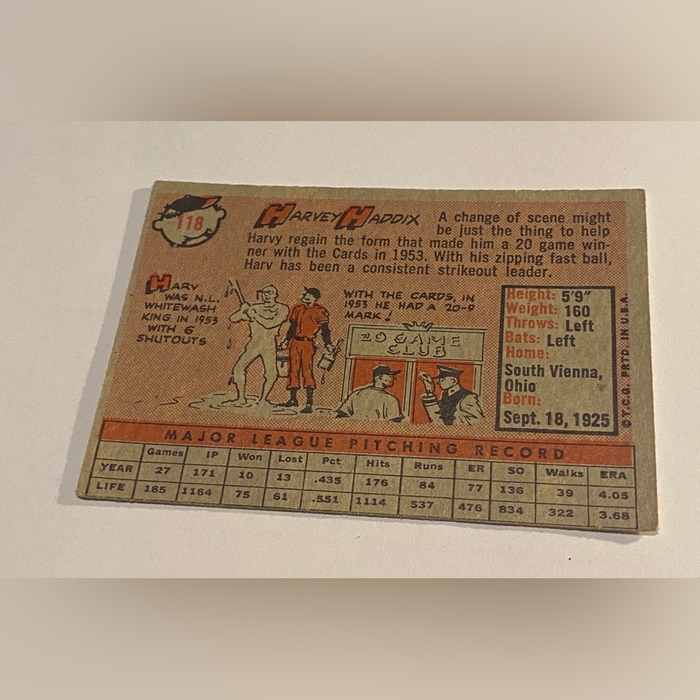 Harvey Haddix 1958 Topps Baseball Card #118 Cincinnati Redlegs Vintage - Picture 2 of 3